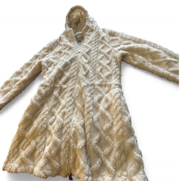 Fleece Cozy Jacket Hoodie Teddy Fur Cream Quilted Winter Zip-Up Sweater Furry, L - Picture 2 of 7